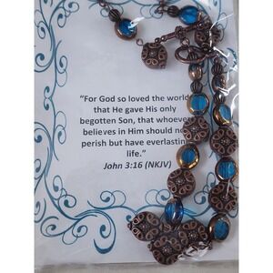 NEW Ornate Copper & Aqua Glass Bracelet & Earring Set Verse John 3:16 FREE $HIP!